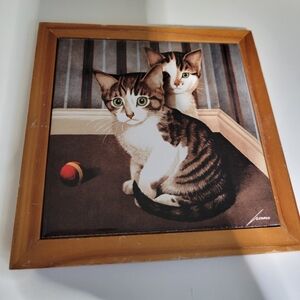 Lowell Herrero 1992 Framed Cat Tile Trivet w/ Persian Rug